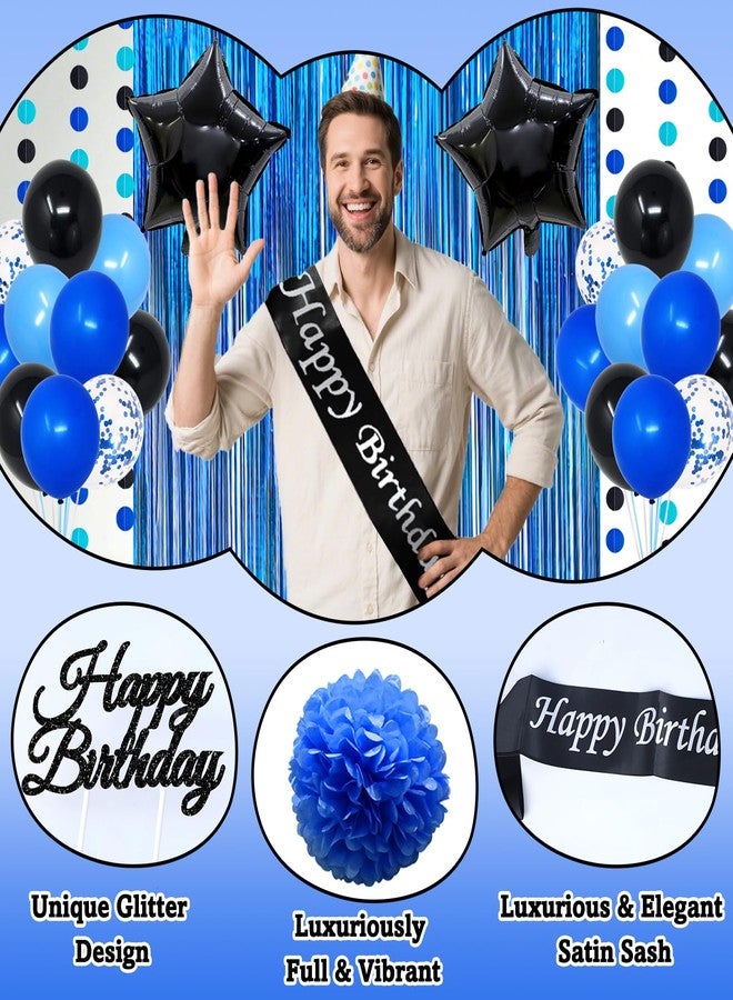 FINDRICH Blue Birthday Decorations for Men, 50PCS Happy Birthday Decorations with Banner Balloons Sash Foil Fringe Curtain Paper Pompoms, Blue and Black Party Decorations Party Supplies for Boys Kids - Image 5